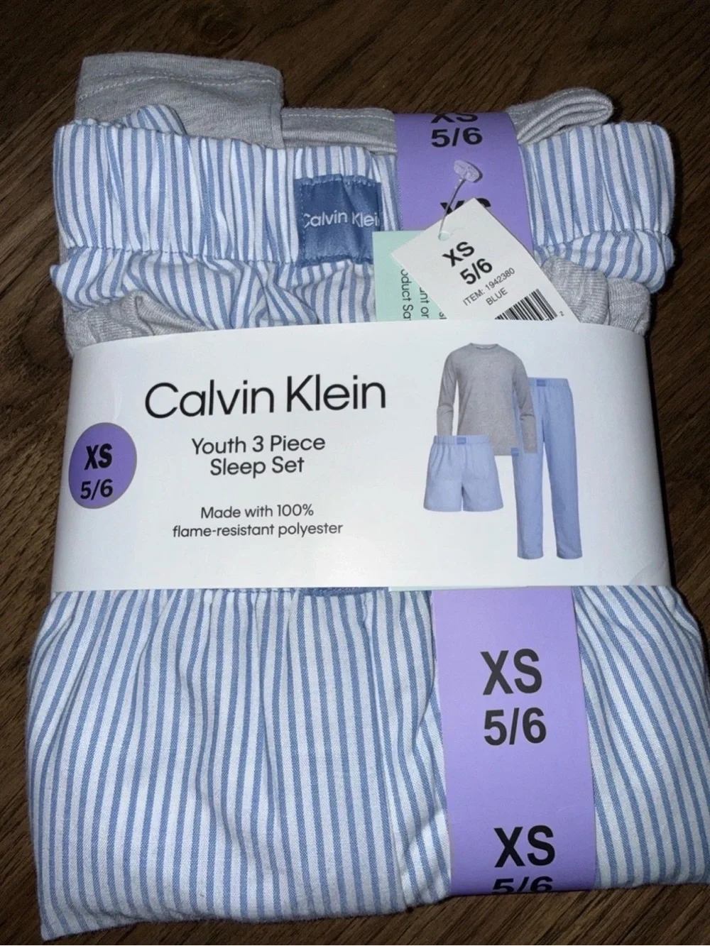 Calvin Klein NWT Size XS 5/6 3 Piece gray Top Light Blue Striped Pajama Set-001*
